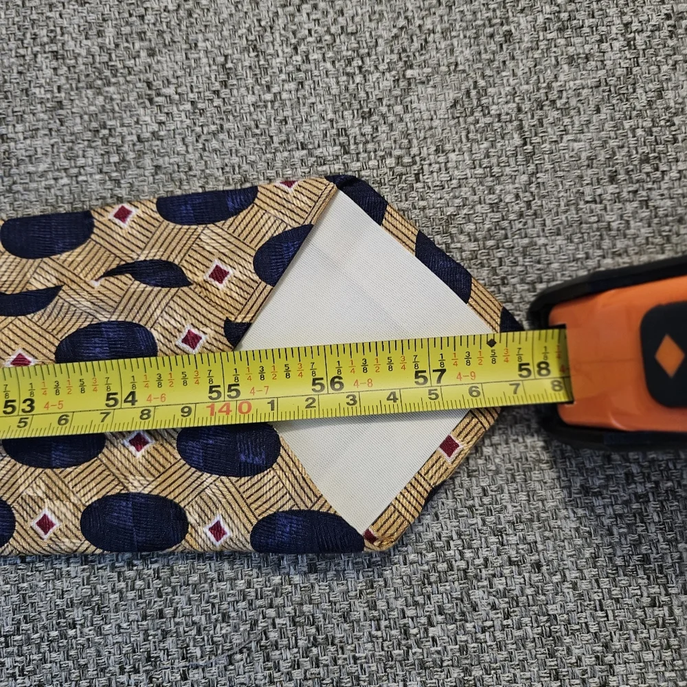 Lands End Tie Mens 58 in Long Vintage Gold Blue Ovals Geometric Silk Wide